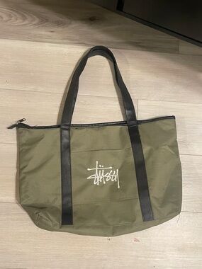 Stussy Olive and Black Canvas Tote with White Logo